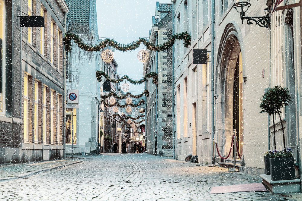 snow fall in maastricht netherlands at christmas time 