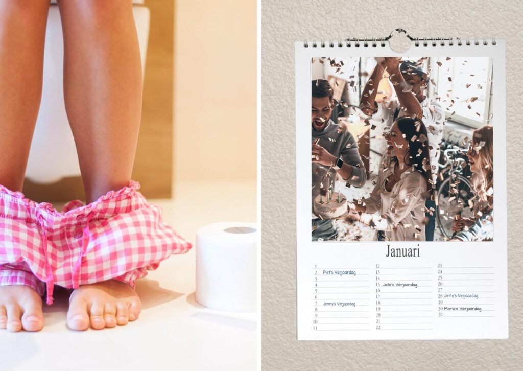 photo of person on toilet and toilet calendar hanging on wall