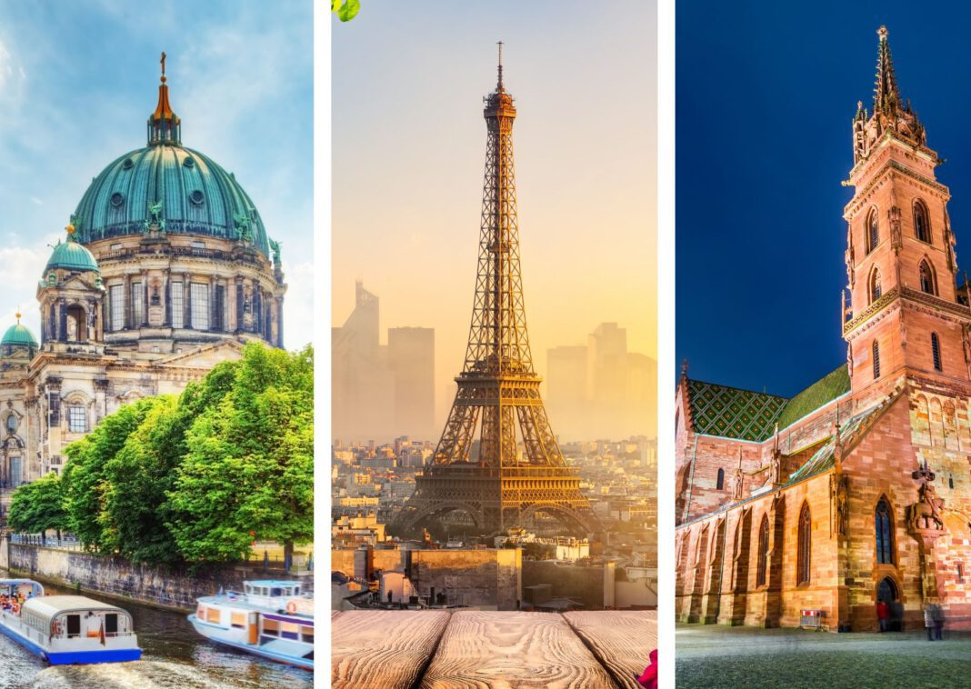 composite photo of known buildings in berlin, paris, and basel