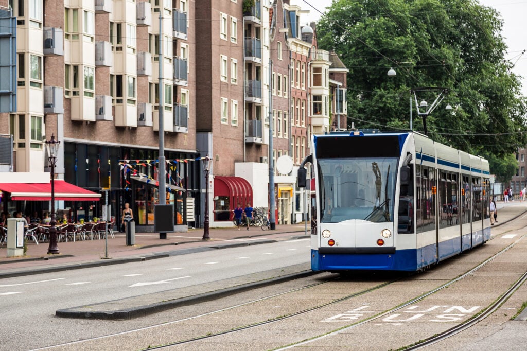 Modern-blue-and-white-tram-in-Amsterdam-the-Netherlands