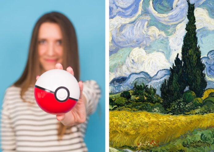 composite image of woman holding pokemon ball and painting by Van Gogh