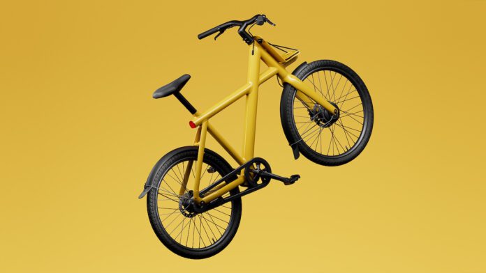 photo-of-yellow-vanmoof-bike-suspended-in-air-on-yellow-background
