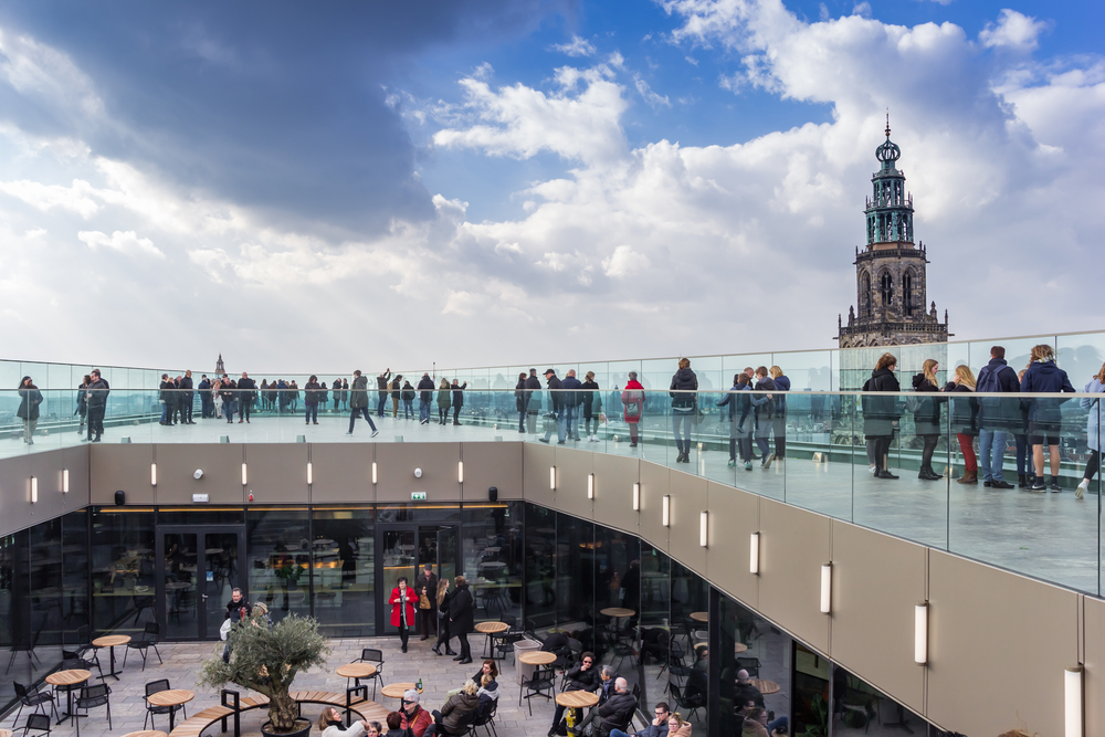 The-Forum-library-community-center-viewing-platform and church tower in the center of Groningen, Netherlands