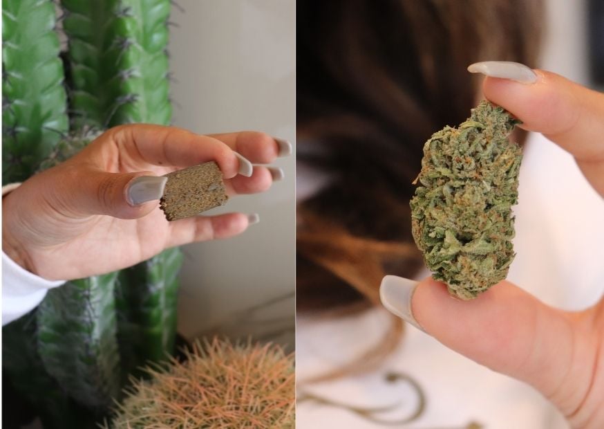 collage-of-two-pictures-one-with-a-female-hand-holding-a-block-of-hash-on-the-left-and-an-image-of-a-hand-holding-cannabis-bud-between-two-fingers