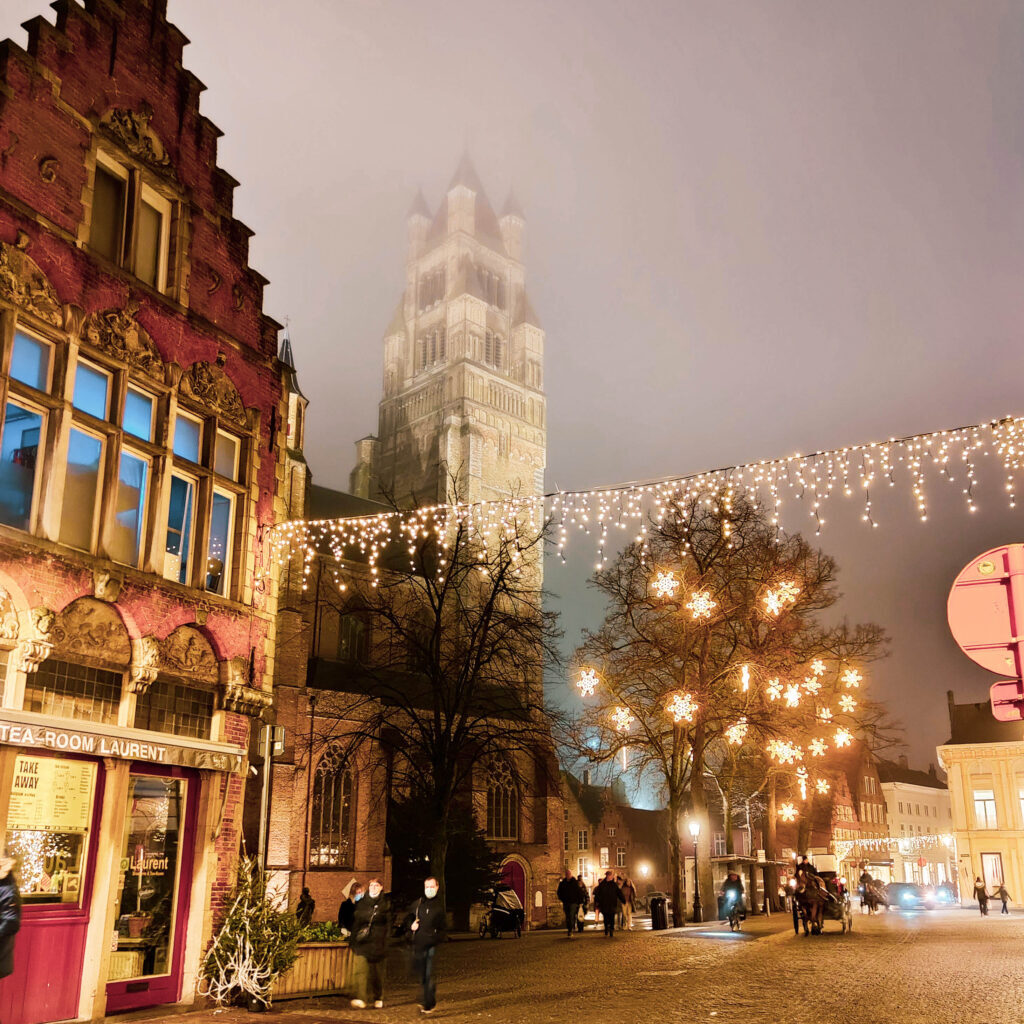 winter lights during trip to bruges city centre belgium 