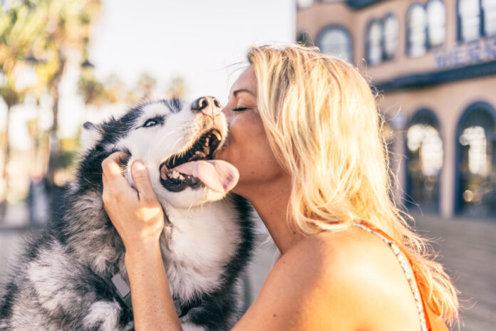 Woman-with-blonde-hair-kissing-her-pet-huskey-on-the-snout