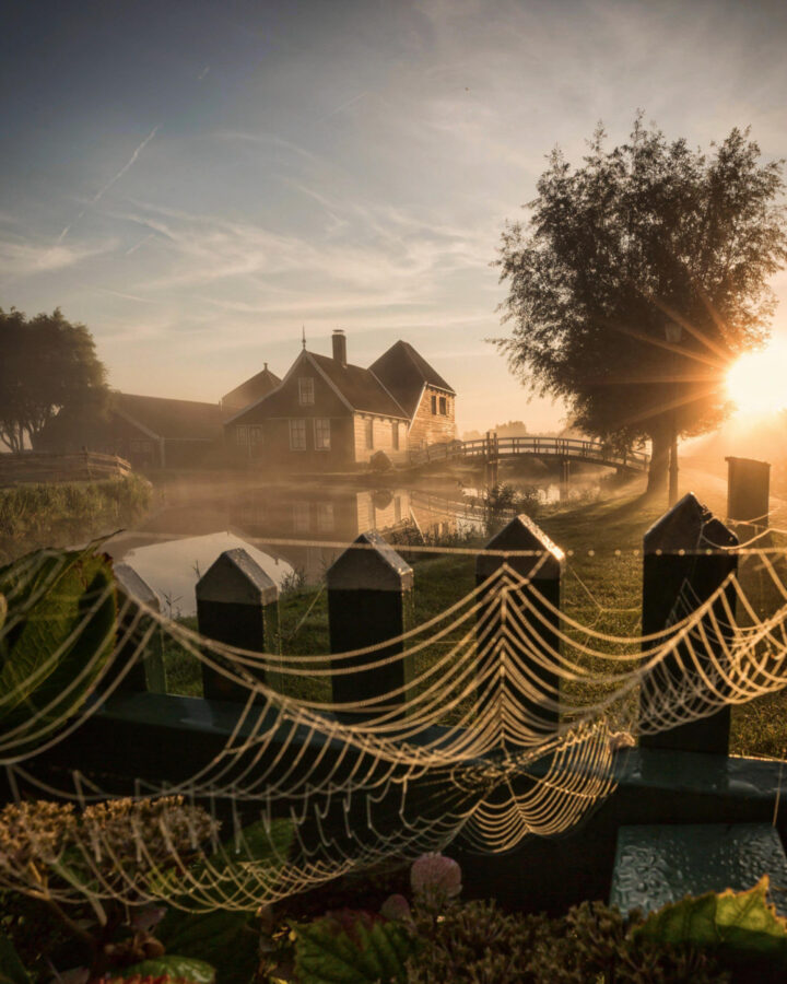 Windmills at the Zaanse Schans on a foggy morning