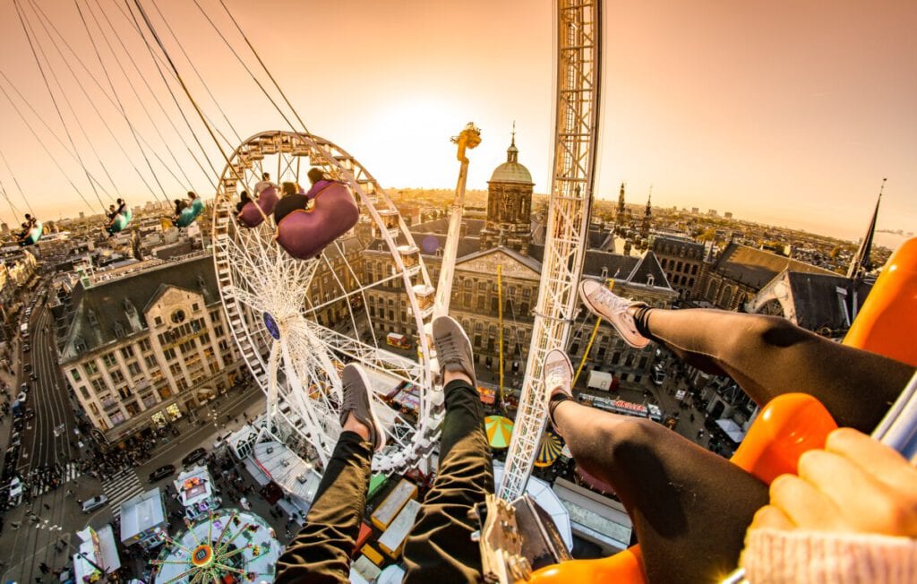 A view over the city of Amsterdam taken during the annual autumn carnival in Dam Square.