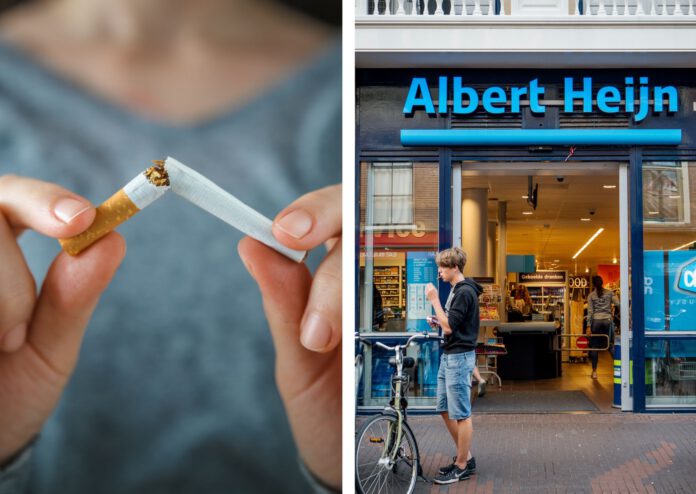 composite-photo-of-woman-snapping-cigarette-in-half-and-outside-of-an-albert-heijn-store