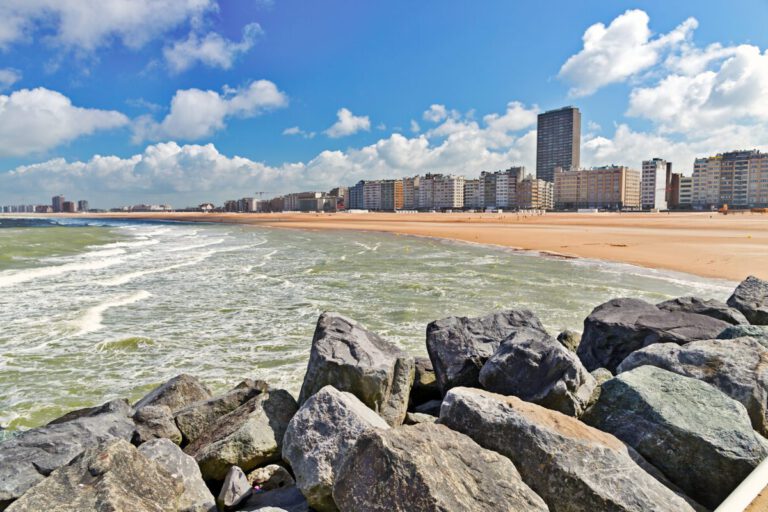 View-from-sandy-beach-onto-city-Summer-day-in-Ostende-Belgium