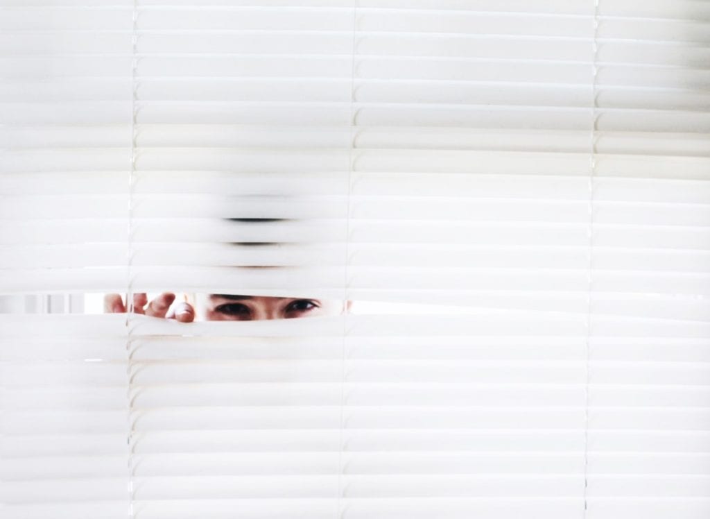 Dutch curtains, girls peeks through blinds