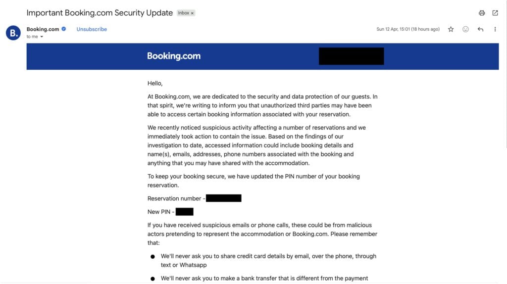 captura de tela-de-booking.com-email-acknowledging-data-breach
