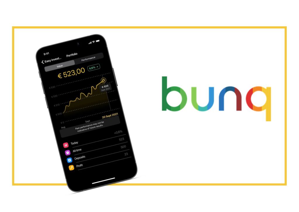 graphic of bunq logo and screenshot showing dutch investment app