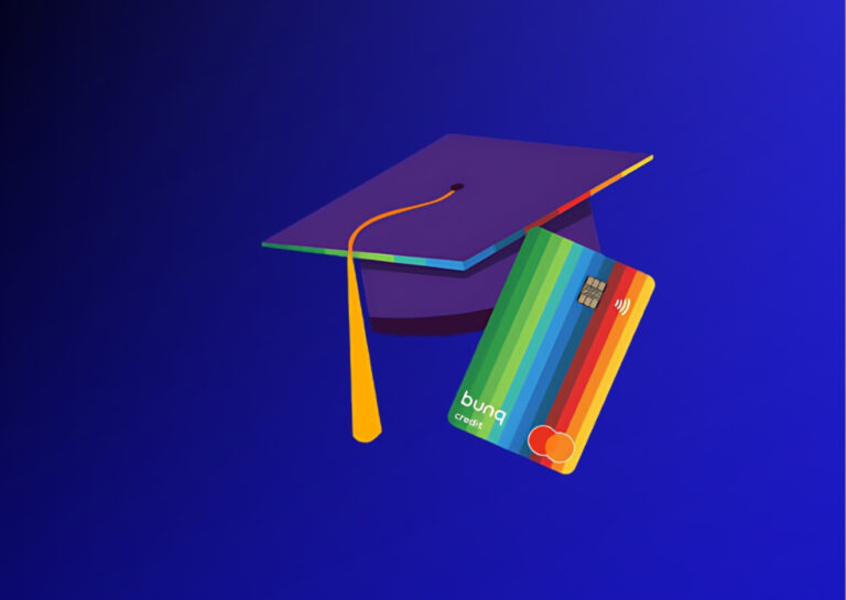 photo-of-graduation-hat-with-rainbow-lining-and-rainbow-bunq-bank-card-on-dark-blue-and-black-background