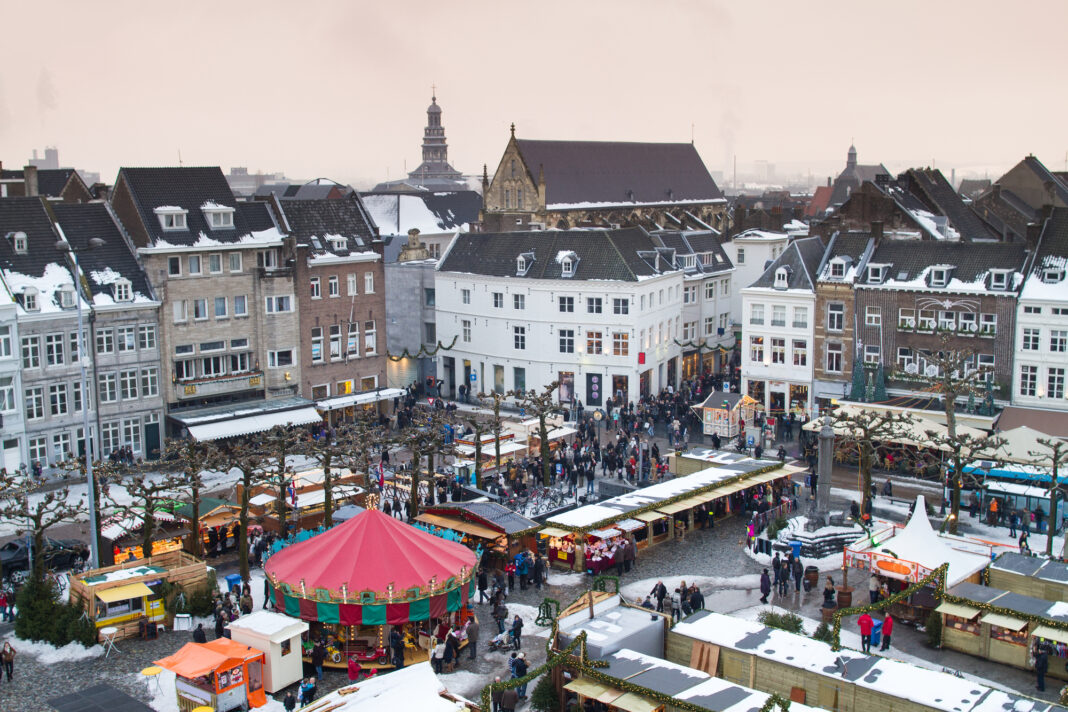snow covered square in Utrecht during the holiday season