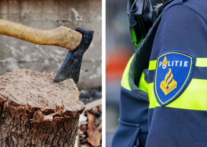 composite-image-of-axe-stuck-in-wood-and-dutch-police-officer