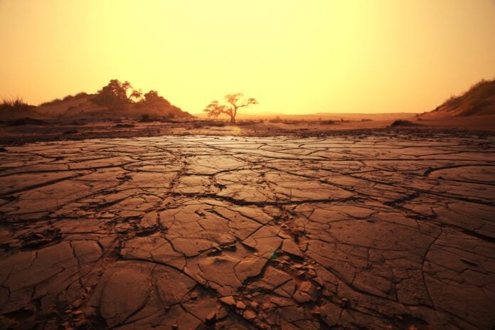 cracked-ground-with-drought-land-and-orange-sky-sun-set-in-background