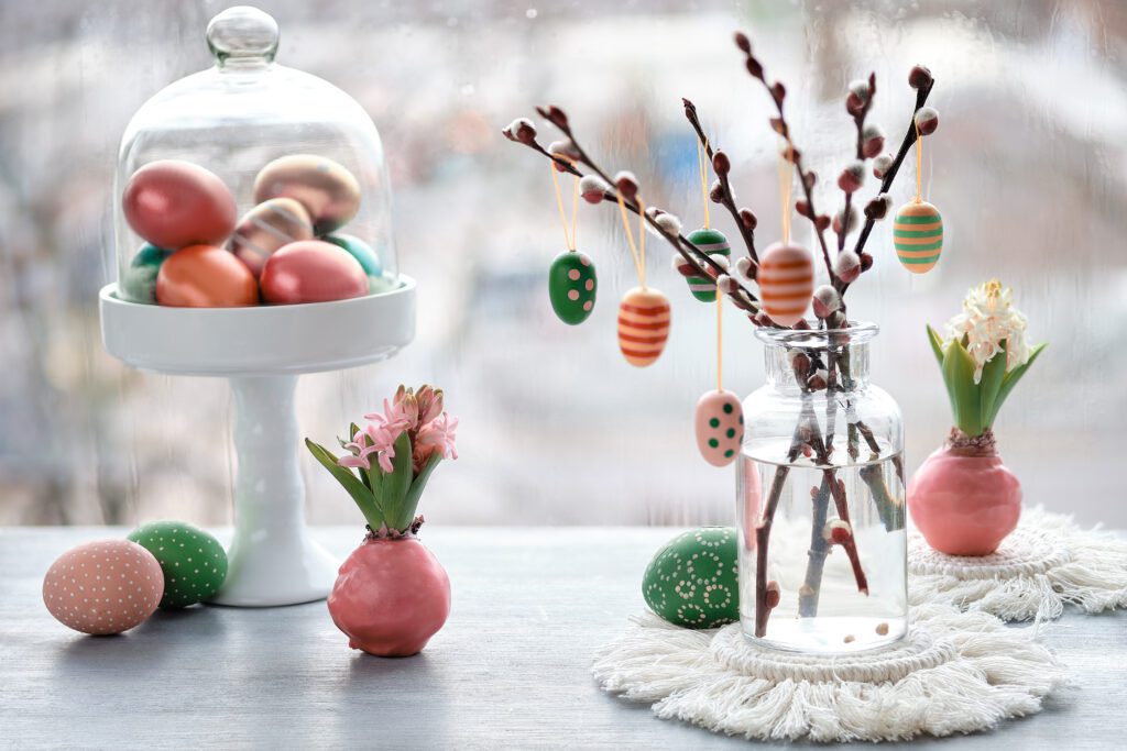 easter-decorations-in-the-netherlands-wooden-painted-eggs-on-trees