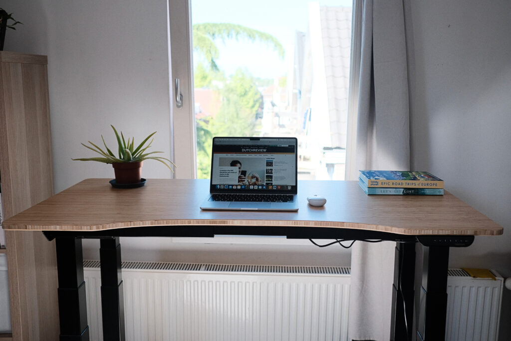 standing desk with a laptop and a plant on it