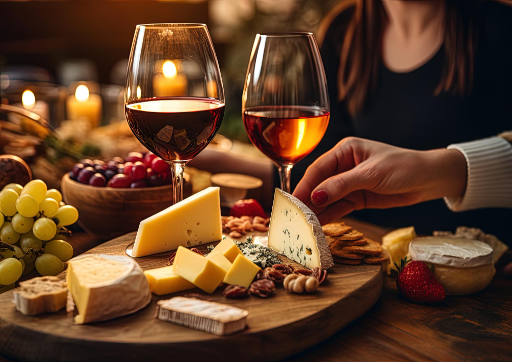 photo-of-cheese-blocks-served-on-wodden-board-with-wine