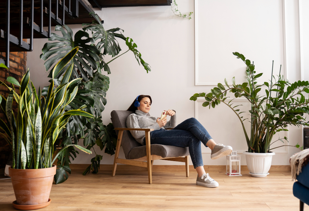 photo-of-plants-in-house-with-woman-on-her-phone-feeling-at-home-in-her-Dutch-bedroom