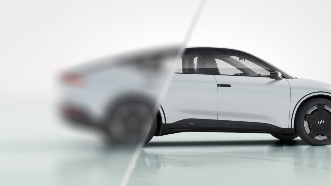 Image of a white, solar-powered electric car by the company 'Lightyear'