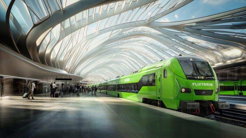 serviço de trem internacional flixtrain chegando à estação conforme o serviço se expande para a Holanda