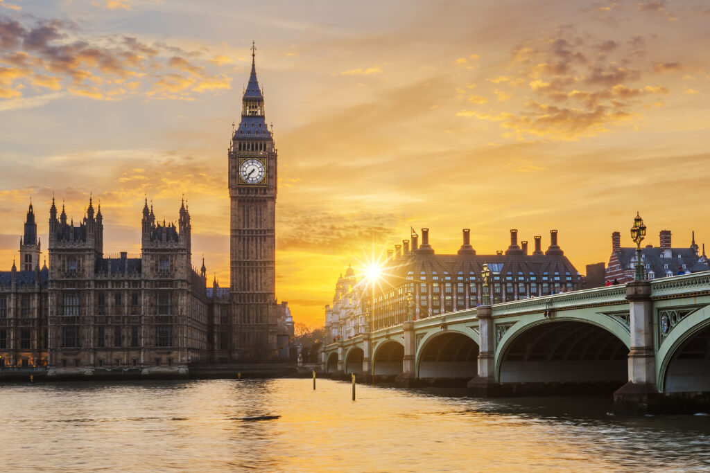 Big Ben and Westminster Bridge at sunset, London, reachable with international trains from Amsterdam.