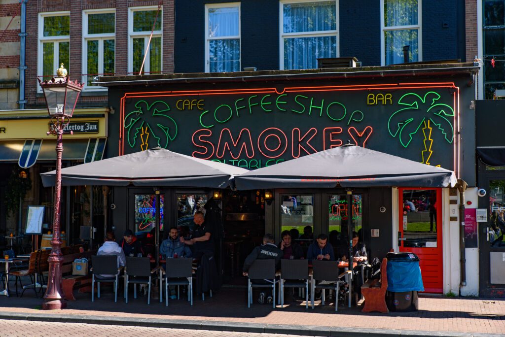 A coffeeshop at Rembrandtplein square in Amsterdam, Netherlands