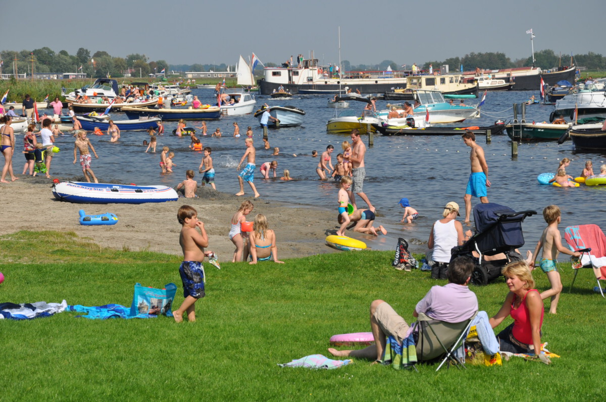 A crowd of people enjoy the grassy beach with boats in the background.