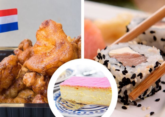 composite-image-of-dutch-snack-kibbeling-sushi-and-tompouce