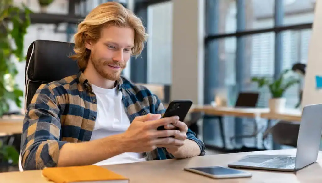 Holandês de cabelos compridos percorrendo seu portfólio de investimentos em seu aplicativo de banco móvel holandês