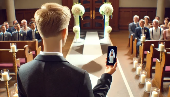 ai-image-on-man-holding-phone-with-ai-chatbot-on-screen-wearing-wedding-dress-man-standing-at-altar-of-wedding