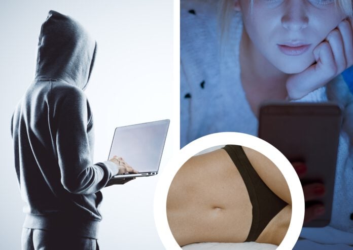 Composite image of a man on his laptop, a teenage girl on her phone in a dark room, and a woman's lower body area, wearing black underwear.