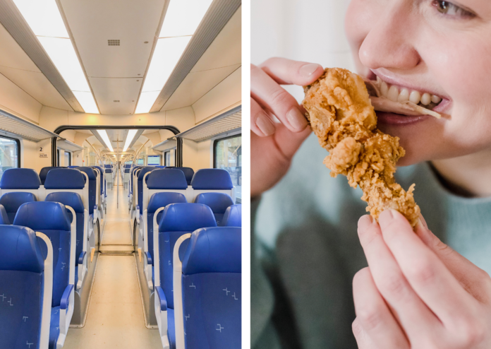 composite-image-of-interior-of-ns-train-and-woman-eating-fried-chicken-drumstick