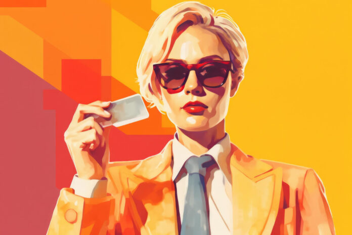 ai-image-of-woman-in-sunglasses-and-suit-and-tie-holding-payment-card-on-graphic-background