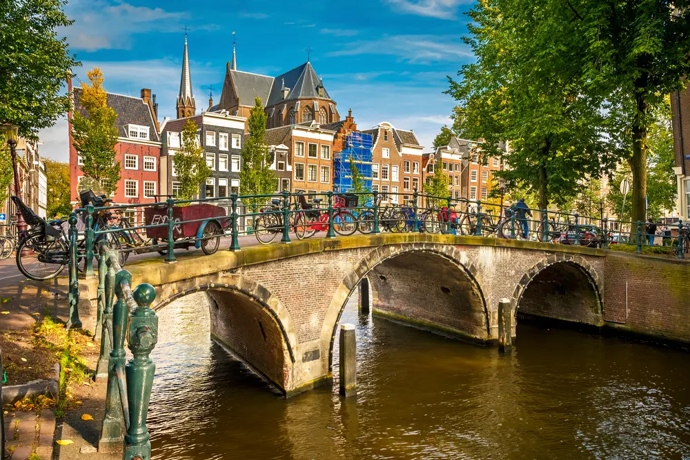 Picture Of Amsterdam Canals With Houses In Back On Sunny Day 