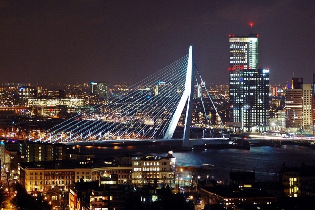 view-of-erasmus bridge-rotterdam skyline-at-night