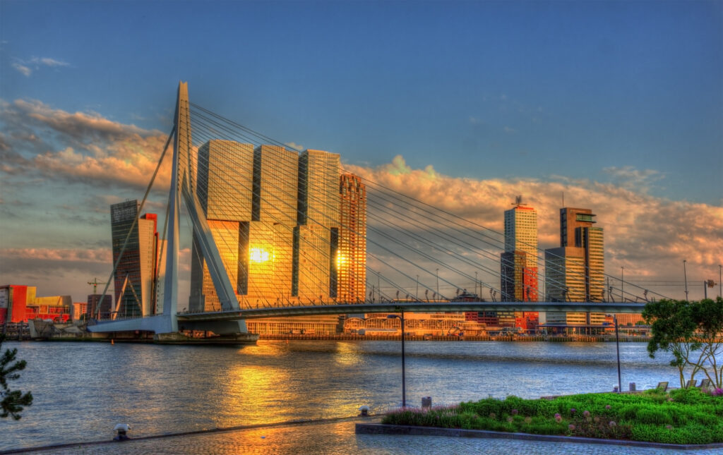 A-view-of-the-Erasmus-bridge-at-golden-hour-with-buildings
