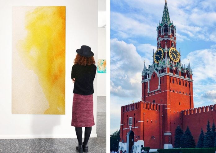 woman-standing-in-front-of-painting-indoors-and-russian-building