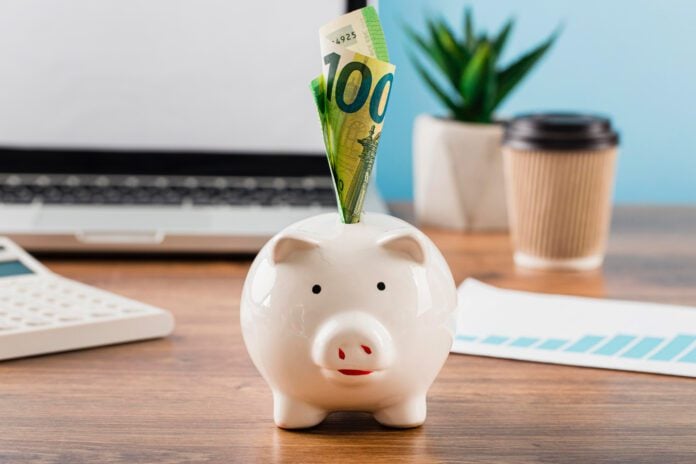photo-of-piggy-bank-looking--at-camera-with-100-euuro-note-sticking-out-of-it-on-desk-with-plants-in-background