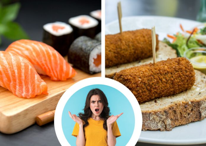 composite-side-by-side-image-of-sushi-and-krokets-with-girl-looking-confused-in-the-middle
