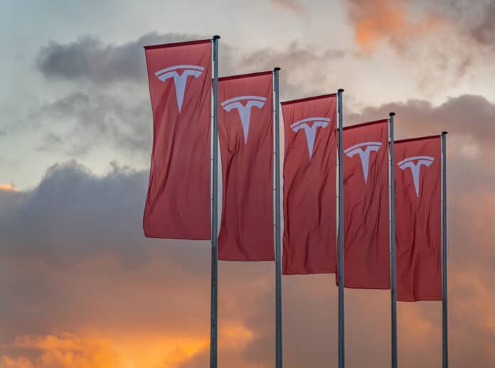 flags-of-Elon-Musk's-company-Tesla-in-Amsterdam