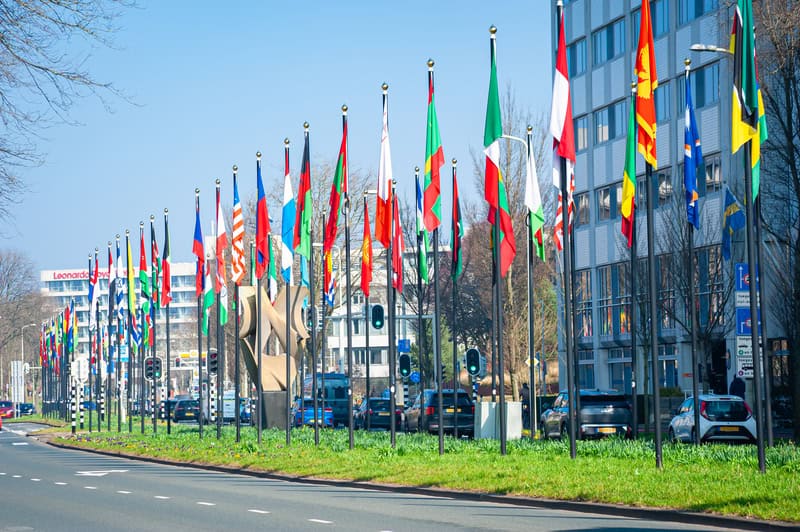 traffic-heading-down-the-johan-de-wittlaan-in-the-hague-with-flags-flying-for-nato-summit