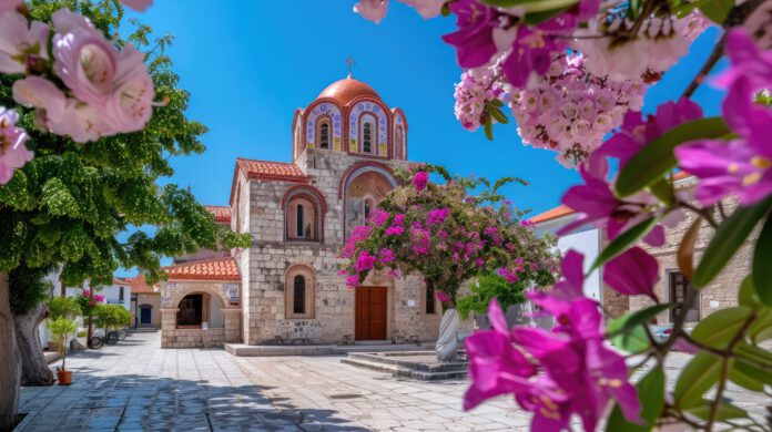 photo-of-church-in-varna-bulgaria-surrounded-by-pink-flowers