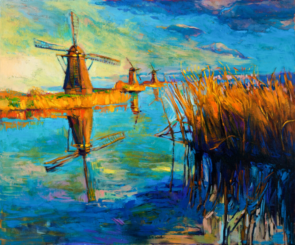 painting-of-windmills-near-canal