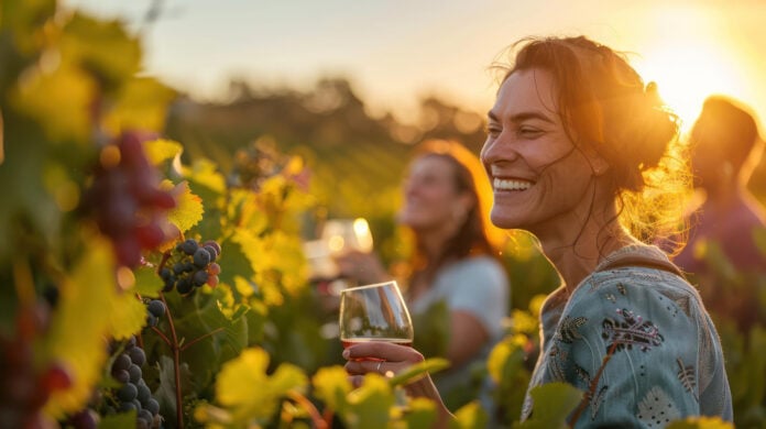 photo-of-woman-smiling-and-drinking-wine-in-dutch-winery-with-sun-setting-behind-her-and-people-in-background